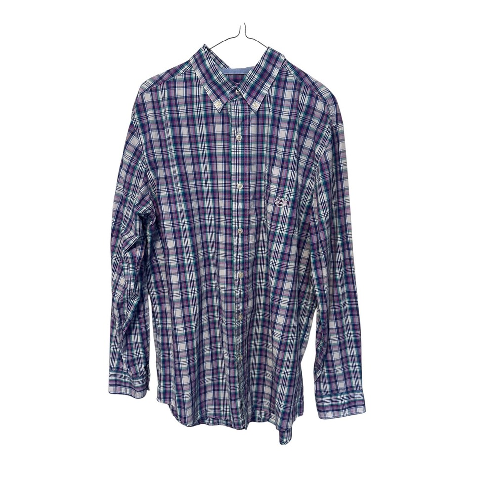 Chaps Men's Large Purple Green Plaid Button Down Shirt Easy‎ Care Long Sleeve